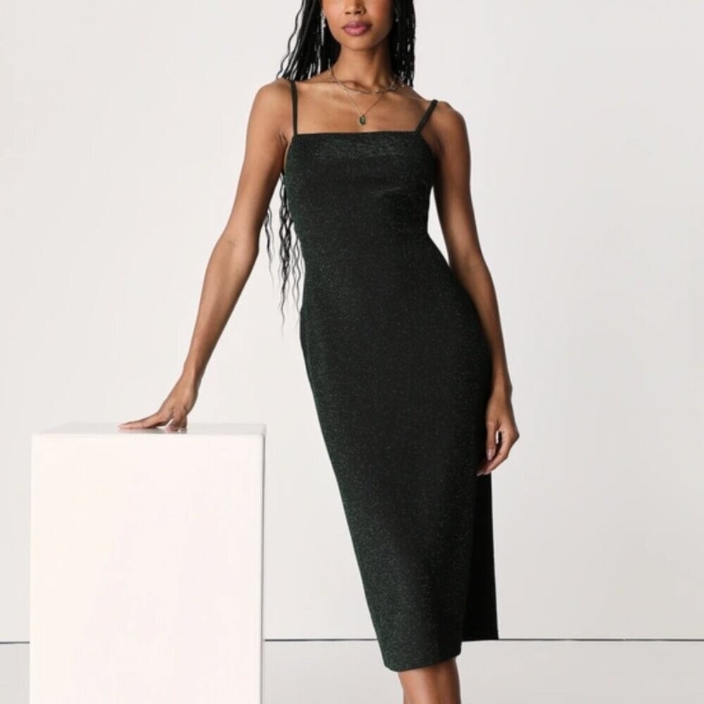 Lulus‎ Dazzle All Night Black and Shiny Green Twist-Back Midi Dress Small